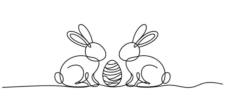 Two cute rabbits with an easter egg line drawing illustration