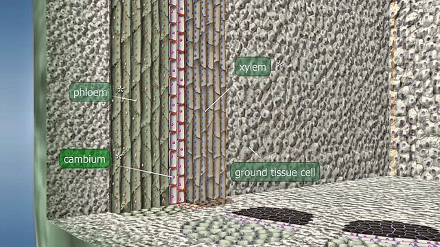 Scientific illustration of plant cambium showing meristematic cells producing xylem and phloem.