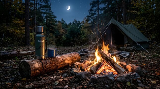 Green stainless steel vacuum thermos and blue metal mug resting upon rustic wooden log beside a glowing warm campfire flames