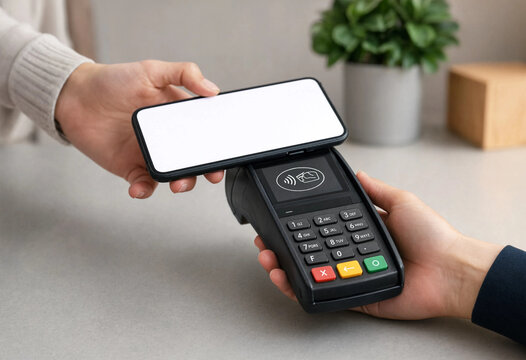 Hand holds smartphone near payment terminal