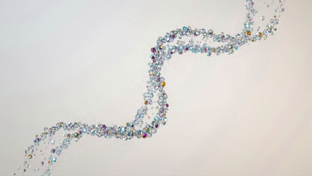 Swirling s-curve pattern of small iridescent rhinestones on white