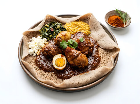 Traditional Ethiopian doro wat chicken stew served on spongy injera flatbread with hard boiled eggs stewed collard greens yellow split peas and fresh cottage cheese on a white background