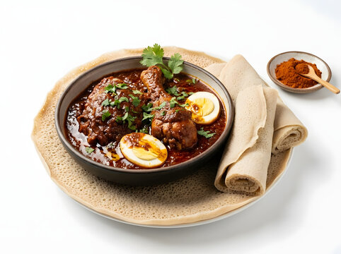 Traditional Ethiopian doro wat chicken stew served with sourdough injera flatbread and boiled eggs garnished with fresh cilantro in a ceramic bowl isolated on a clean white background