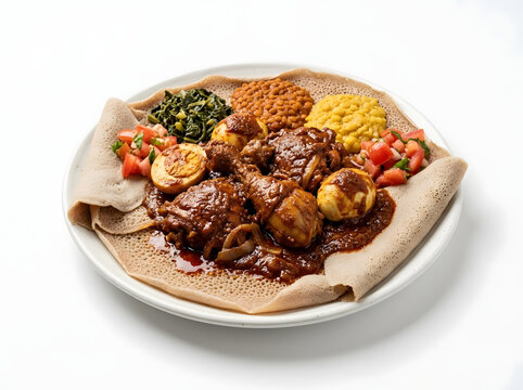 Traditional Ethiopian doro wat chicken stew with boiled eggs and various vegetable side dishes served on a large injera flatbread over a clean white background for a delicious gourmet meal