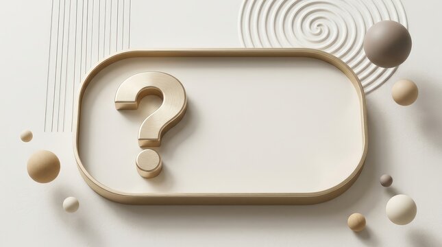Golden question mark symbol rests inside elegant oval frame surrounded by beige spheres and geometric patterns