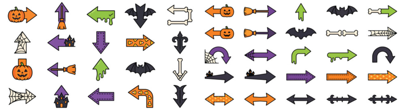 Halloween Arrow Icon Set With Pumpkins, Bats, Broomsticks, Candy Corn and Spiderwebs