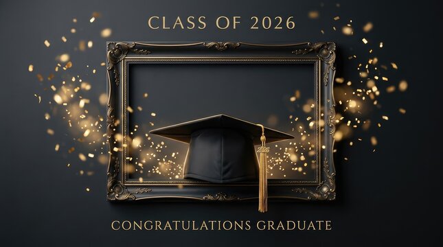 Black graduation cap centered inside an ornate vintage frame with golden falling confetti and elegant text