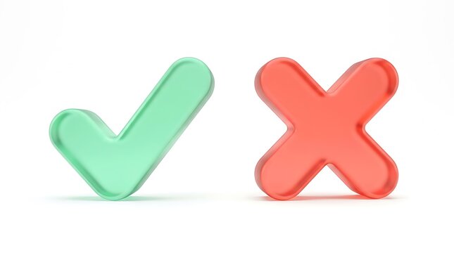 Green check mark and red cross symbols isolated on white background