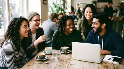 Naklejka premium Candid diverse friends laughing together with coffee in natural light