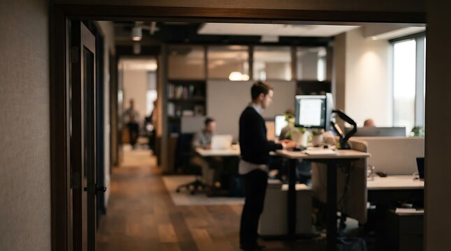 Professional man standing at ergonomic desk working on computer in modern open plan corporate office workspace
