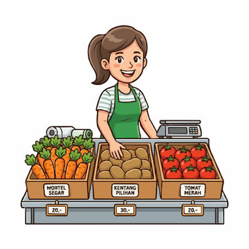 Friendly female vegetable seller at grocery market stall with fresh carrots, potatoes, and tomatoes vector illustration