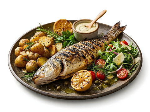 Perfectly grilled whole fish on a rustic plate with golden roasted potatoes rosemary vibrant green salad arugula tomatoes red onion parmesan charred lemon capers and creamy sauce isolated on