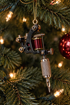 Tattoo Machine Ornament Hanging on Christmas Tree with Lights