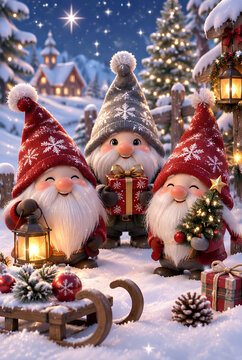 Three cute Christmas gnomes with gifts and lantern in snowy village