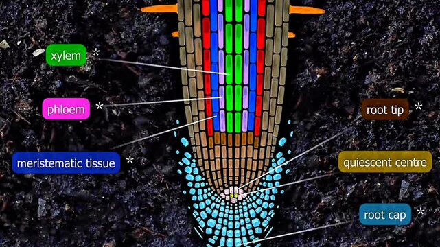 Scientific illustration of a plant root tip showing apical meristem, growth zones, and dividing cells.