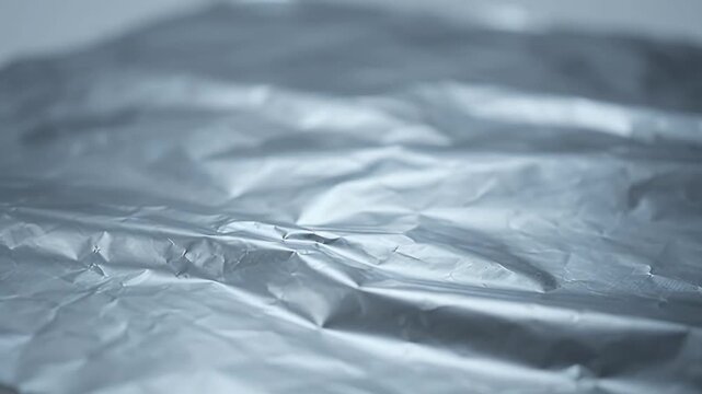 Close-up of crumpled silver metallic foil texture with soft light and shallow depth of field, abstract background