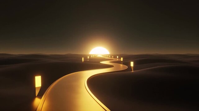 Golden Pathway to the Horizon: A luminous, winding road bathed in the golden light of a rising or setting sun stretches towards the distant horizon, marked by glowing lanterns.