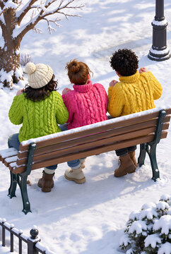Three friends in winter wearing colorful sweaters sitting on a snowy park bench
