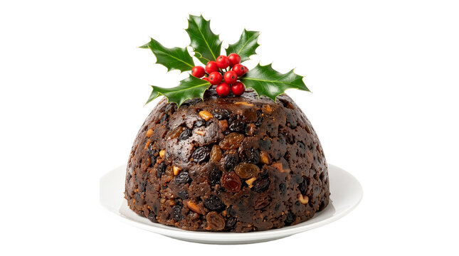 Traditional Christmas pudding with holly sprig and red berries, festive steamed fruit cake on white plate, classic British holiday dessert isolated PNG with Transparent Background