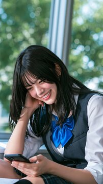 頬杖をついて照れくさそうに微笑む女子高生の等身大で愛らしい日常ポートレート