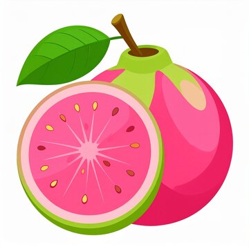 Vector illustration of a whole pink guava and a sliced half on a white background.