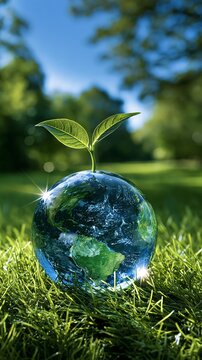 地球環境保護やカーボンニュートラルを象徴するガラス地球儀と新芽 コピースペース