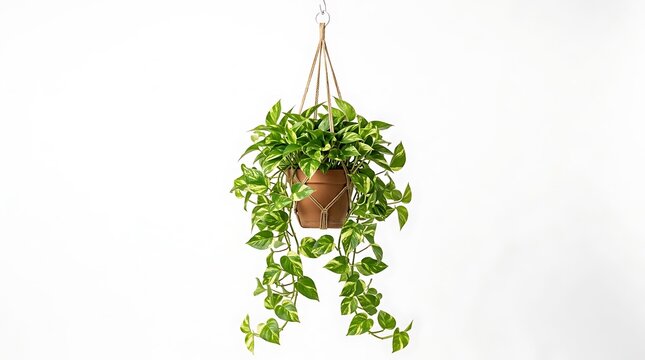Stunning golden pothos plant hanging in a terracotta pot with macrame cord isolated on white background