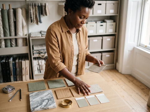 Black interior designer in her 40s arranging material samples