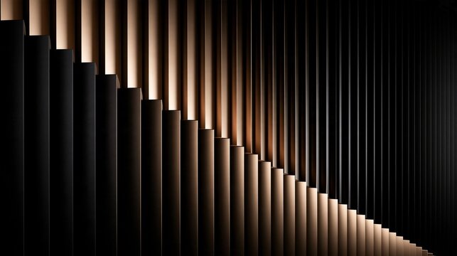 波打つように並ぶゴールドとブラックの柱列が壮大なリズムを刻む3D抽象背景 コピースペース