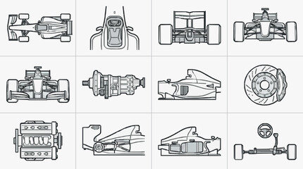 Obraz premium Detailed Line Art Exploded Views of Formula One Racing Car Components and Engine