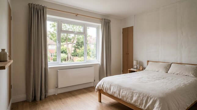 Bright bedroom interior showcasing an energy retrofit with efficient radiator and double glazed windows