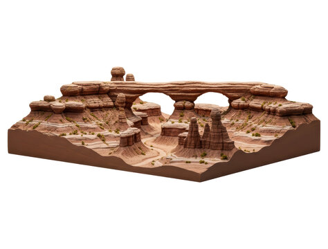 Red sandstone desert formation with natural arch cutout on transparent background
