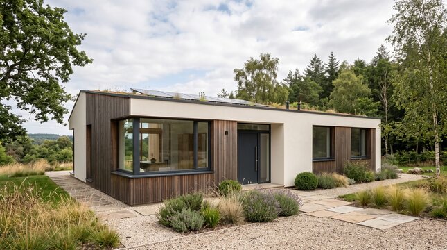 Modern energy retrofit home exterior featuring sustainable architecture and eco-friendly design in a natural landscape