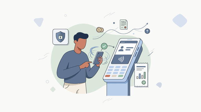 Man using smartphone for contactless payment at terminal, secure transaction