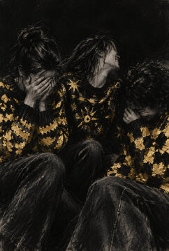 Three women in patterned sweaters crying and hiding faces dark mood emotional portrait