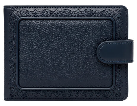 Textured dark blue leather wallet with embossed floral patterns over transparent background