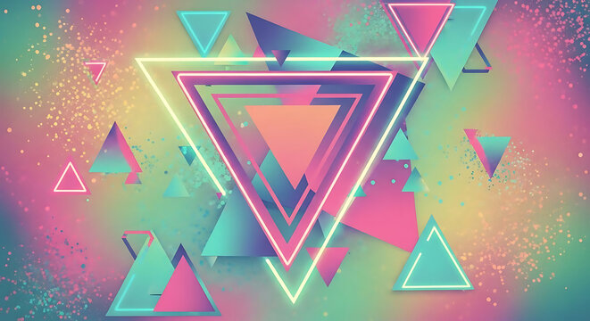 Abstract background featuring vibrant neon geometric triangles and colorful particles on a gradient