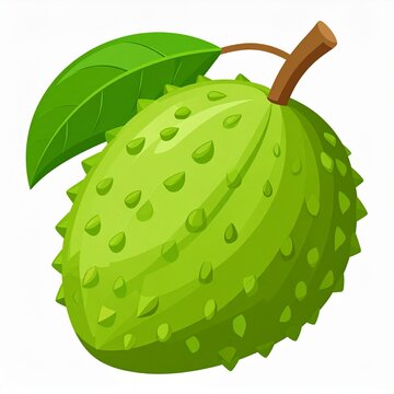 A vibrant green soursop fruit with a single leaf and brown stem is illustrated in a flat.