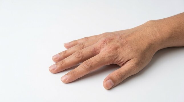 Close-up of a human hand showing symptoms of skin disease like eczema, dermatitis, or psoriasis on knuckles, medical dermatology concept, healthcare theme against a clean light background.