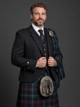 Man in traditional Scottish attire posing in studio