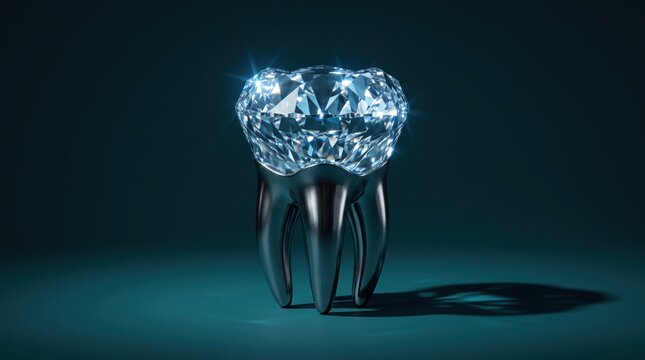 Conceptual 3D render of a diamond tooth on a dark teal background for dental clinic wallpaper.