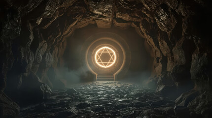 Obraz premium Underground chamber with glowing geometric symbol in cave