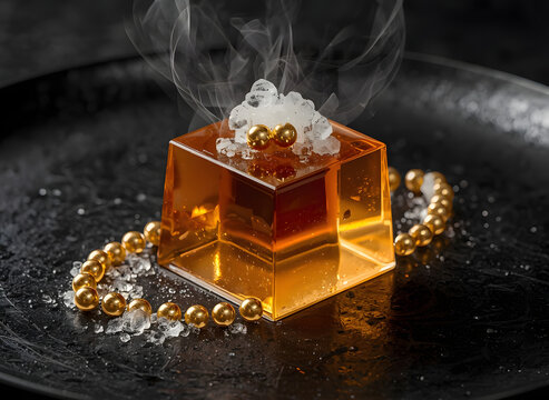 Macro shot of frozen espresso molecular jelly cube with glowing gold pearls and cryogenic nitrogen smoke