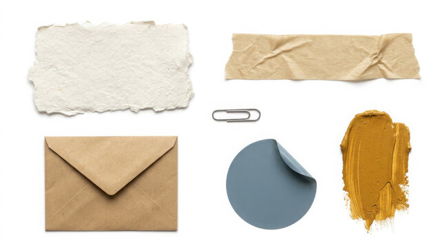 Flat lay mockup collection with ripped handmade paper, brown envelope, masking generated using ai