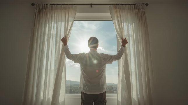 New beginning concept showing anonymous person opening curtain toward sunrise