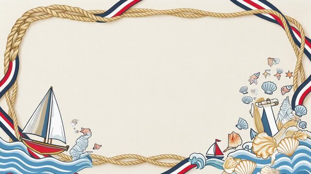 Nautical marine frame background with anchor, sailboat, sea waves, and rope
