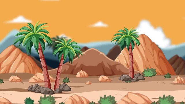 Animated desert landscape with palm trees and mountains moving in parallax motion loop background.