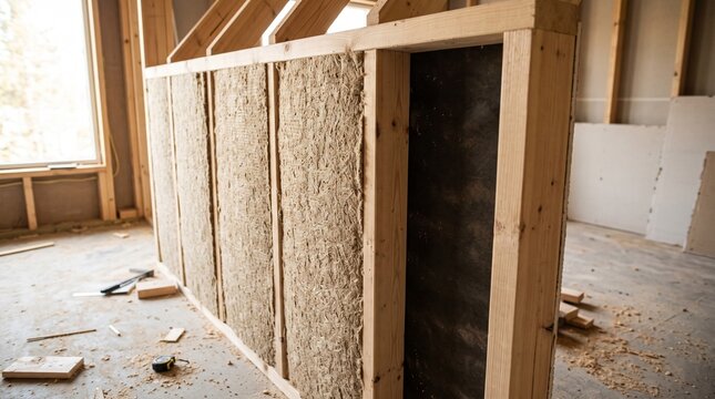 Energy Retrofit construction work showing wooden wall framing and eco friendly insulation material