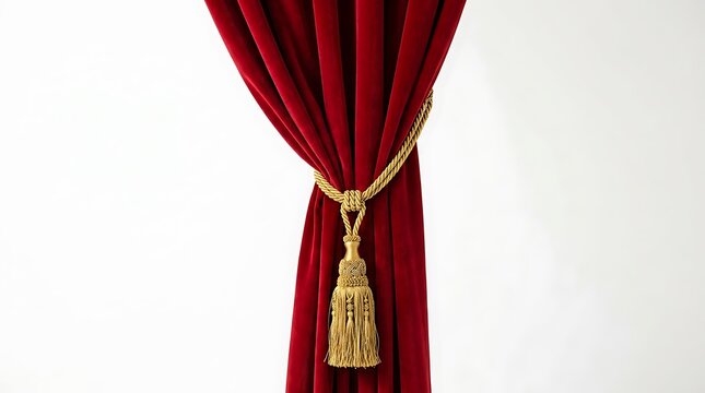 Red velvet curtain held back by a decorative golden tassel tieback isolated on white background