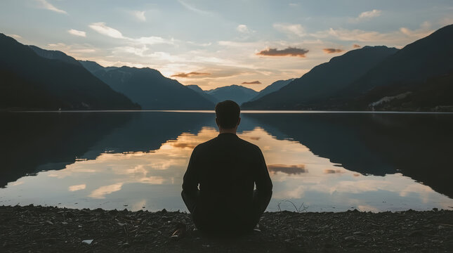 Man contemplation mountain lake reflection at sunset